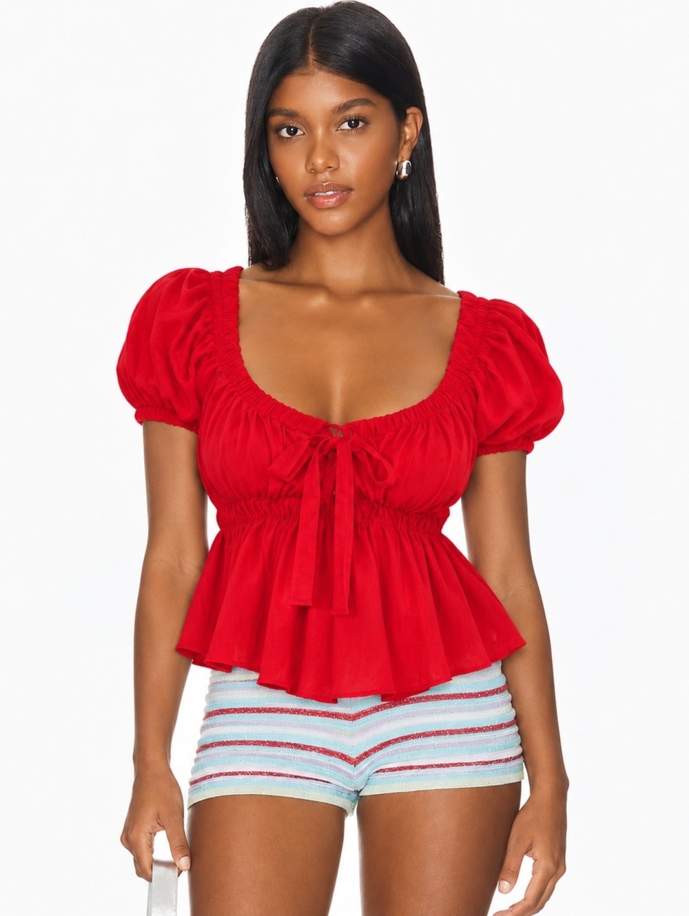 Sienna Sky Red Puff Sleeve Peplum Blouse Tie Front Cottagecore Top Small